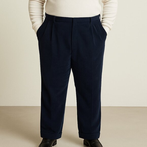 Linea Uomo Pants Corduroy Pleated Navy 46x32 Big Tall Cuffed Academia Trousers - Picture 1 of 14